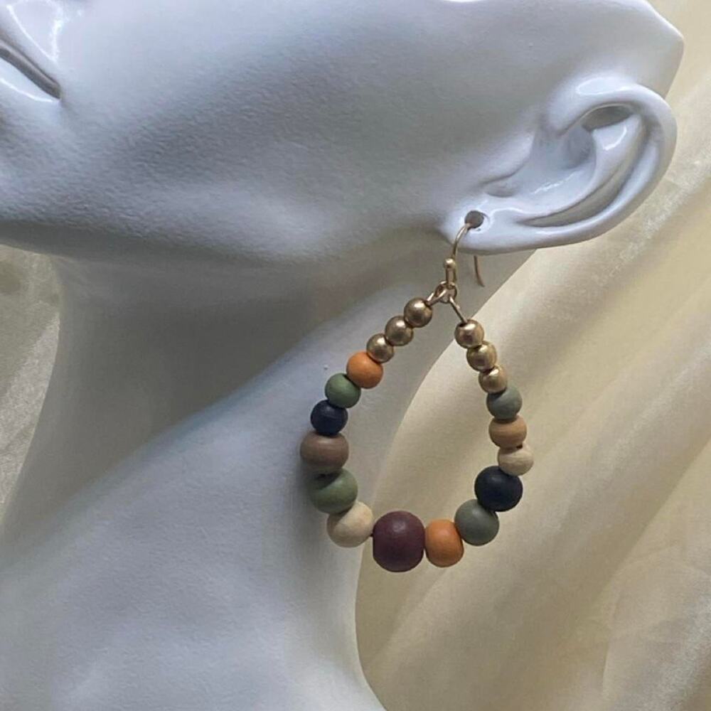 Vintage Multicolor Wooden Bead Hoop Earrings Gold Tone Boho Pierced Dangle